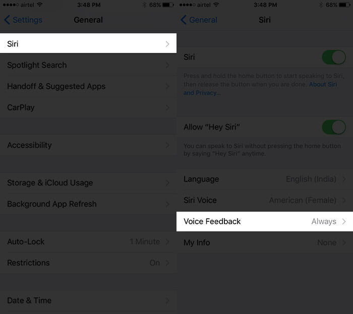 Tap on Voice Feedback in Siri Settings on iPhone