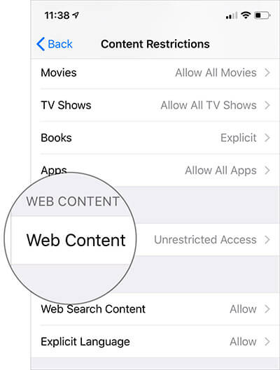 Tap on Web Content in Content Restrications in iOS 12