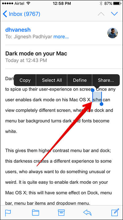 Tap on any Word in Email on iPhone