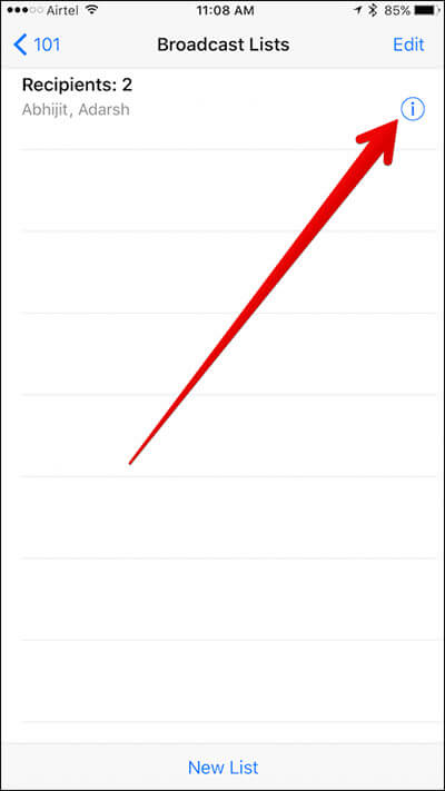 Tap on i Icon in WhatsApp Broadcast List on iPhone