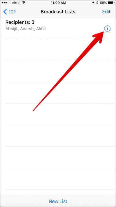 Tap on i in WhatsApp Broadcast List on iPhone