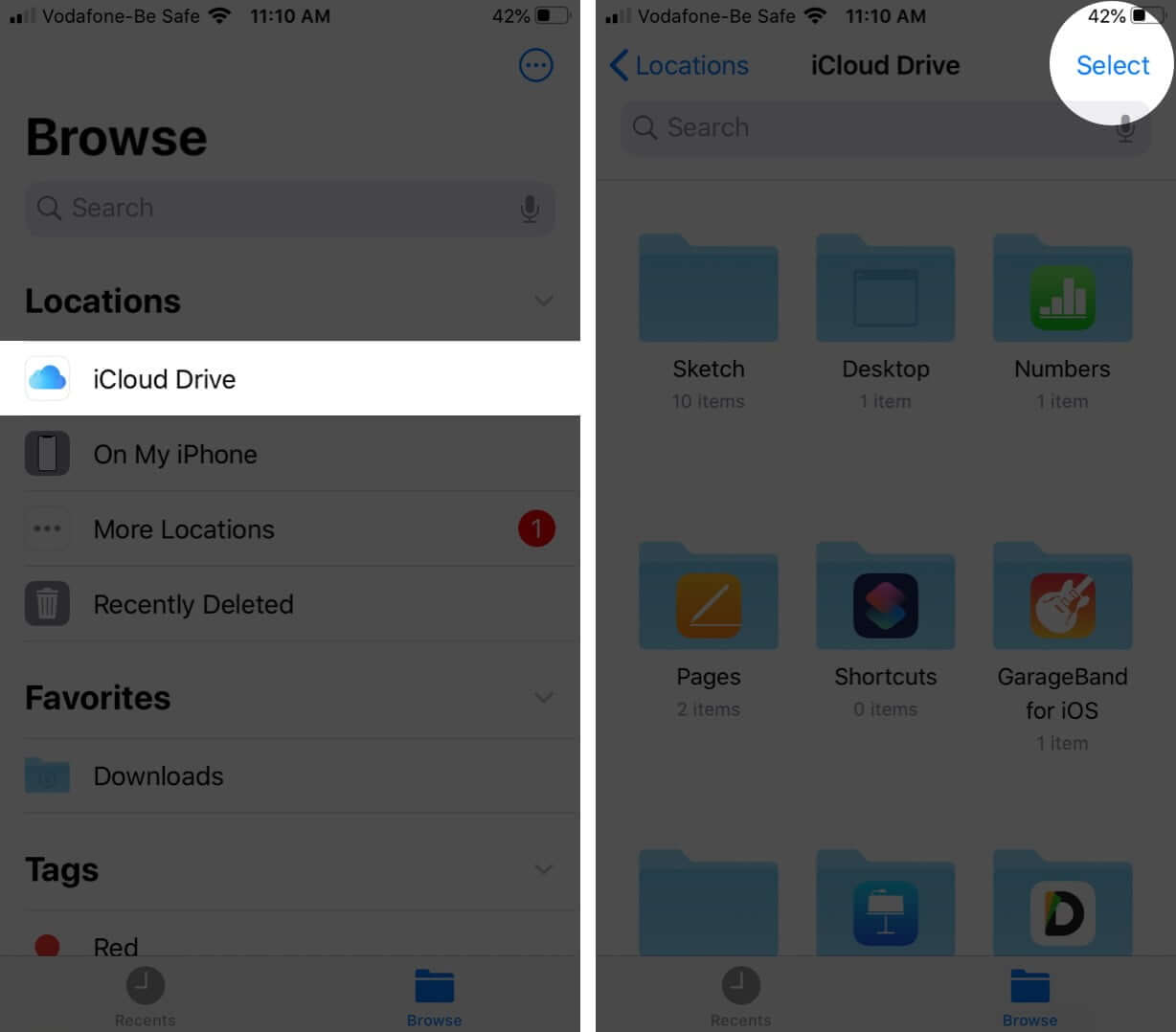 Tap on iCloud Drive and Then Tap on Select