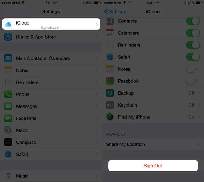 Tap on iCloud Then Settings in iOS 8