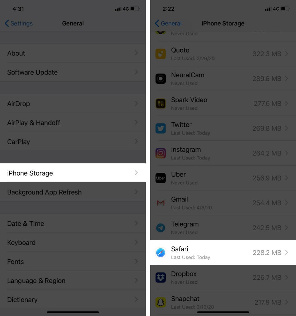 Tap on iPhone Storage and Select Safari