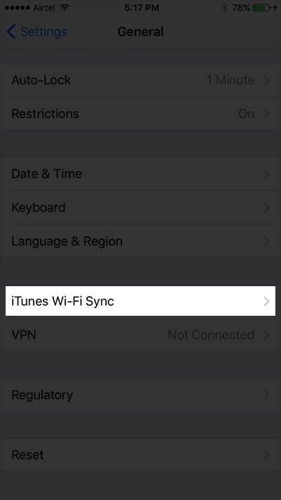 Tap on iTunes Wi-Fi Sync in iPhone Settings