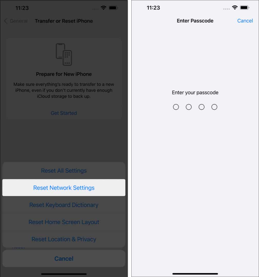 Tap reset network setting, enter passcode in settings