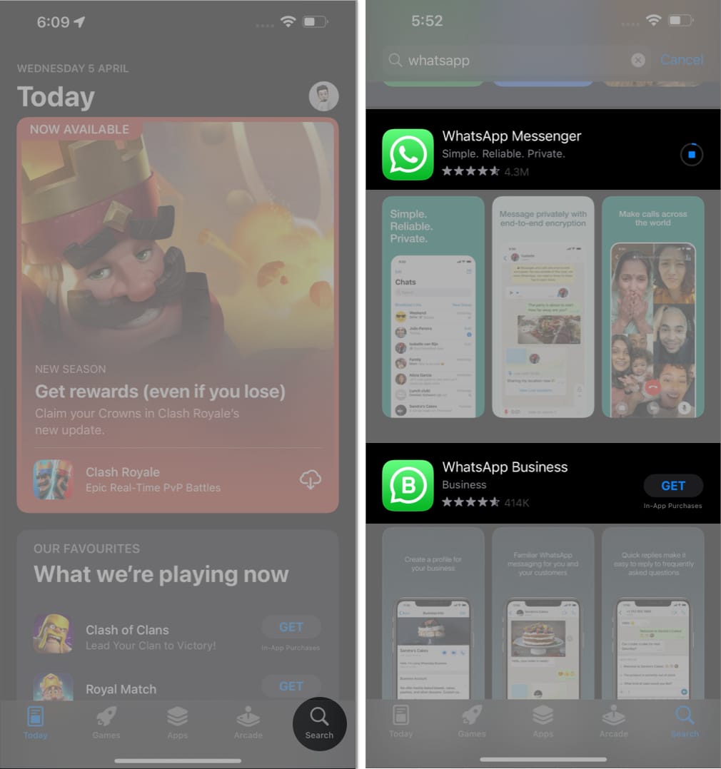 Tap search in app store, search for whatsapp, download the respective application