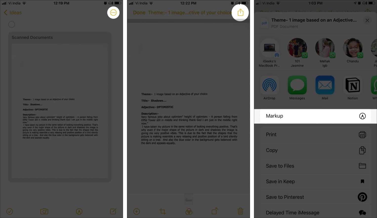 Tap the Share icon, Select the Markup in iOS Notes app