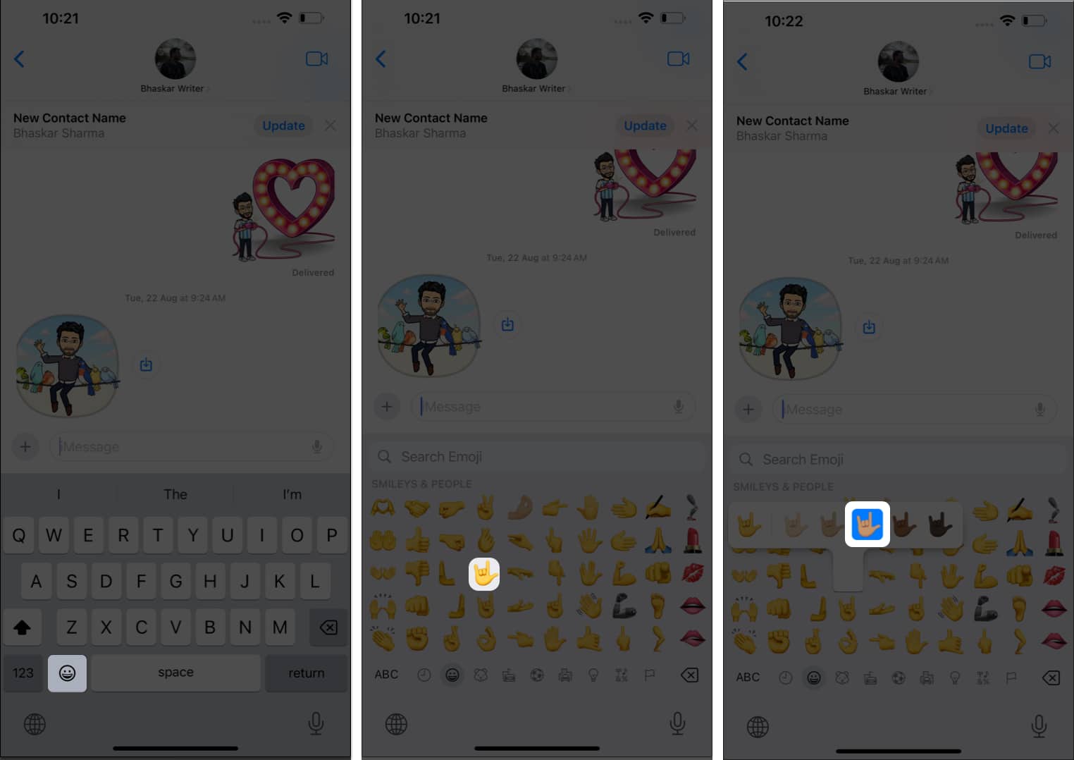 Tap the emoji icon, press and hold the emoji, select a skin