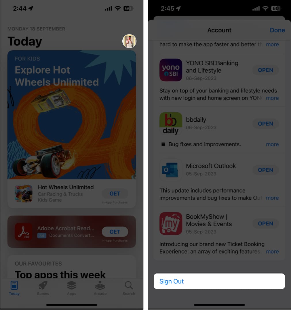 Tap your profile sign out of Apple ID in App Store