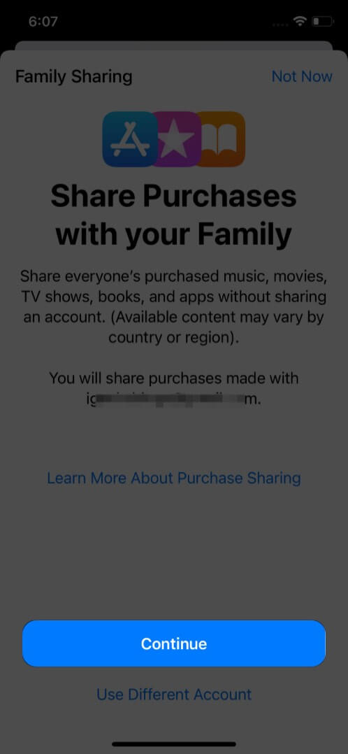 To enable Share Purchases with Family tap continue on iPhone