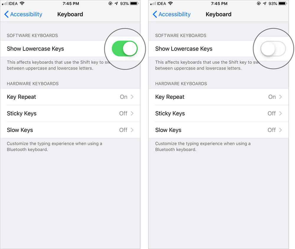 Toggle Show Lowercase Keys OFF on iPhone