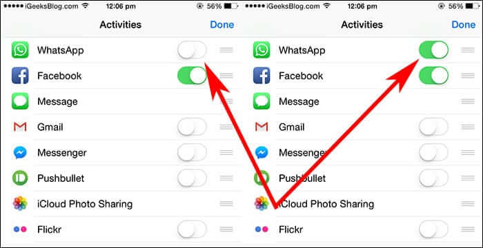Toggle WhatsApp Sharing Button on iPhone in iOS 8