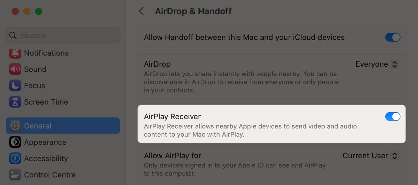 Toggle on AirPlay Receiver