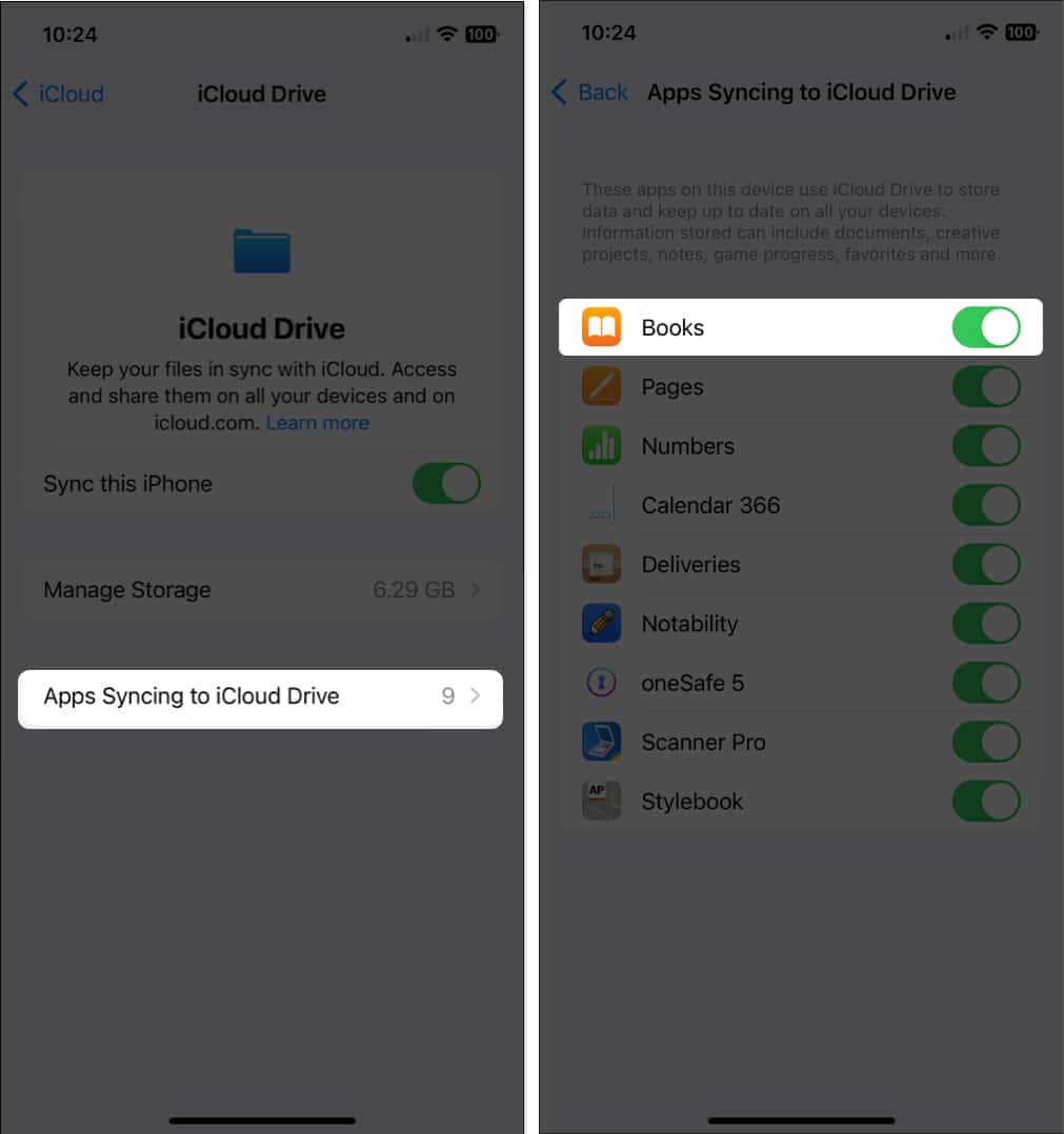 Toggle on Books in Apps Syncing to iCloud Drive