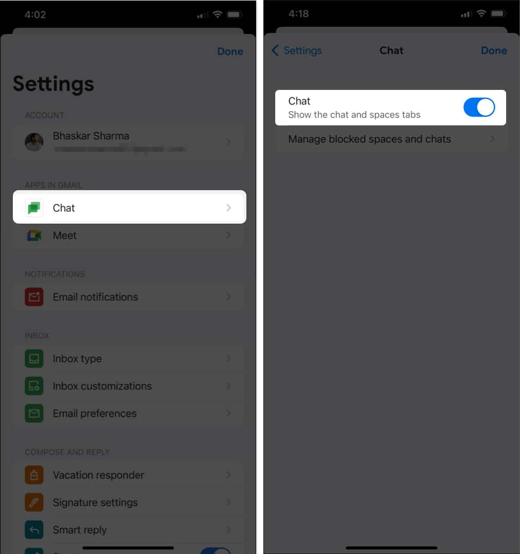 Toggle on Chats from Settings
