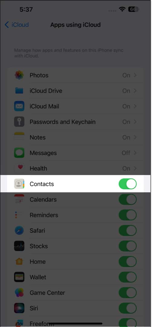 Toggle on Contacts on iPhone