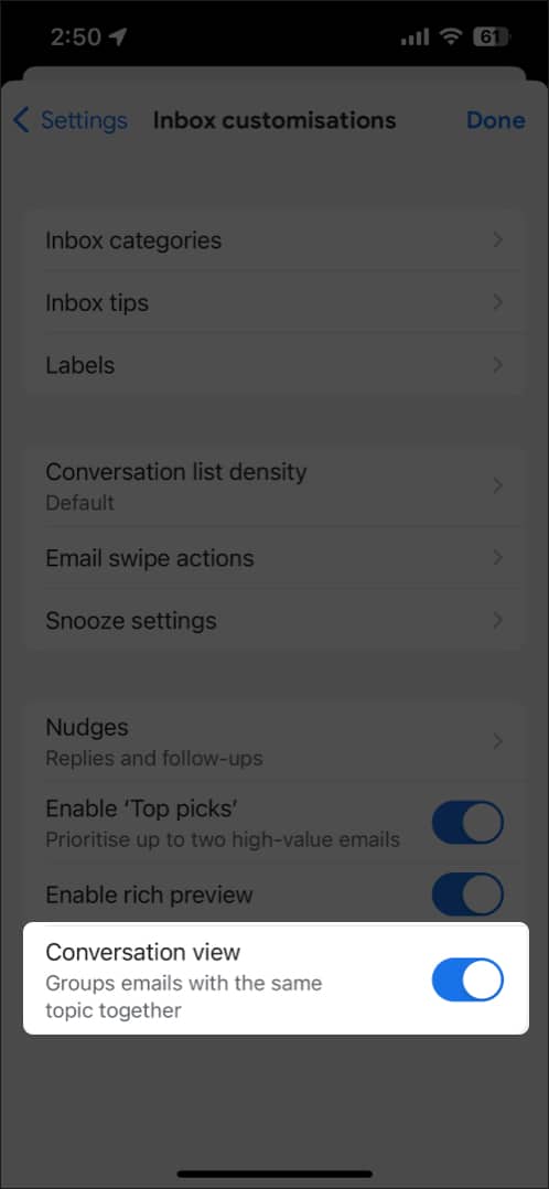 Toggle on Conversation View