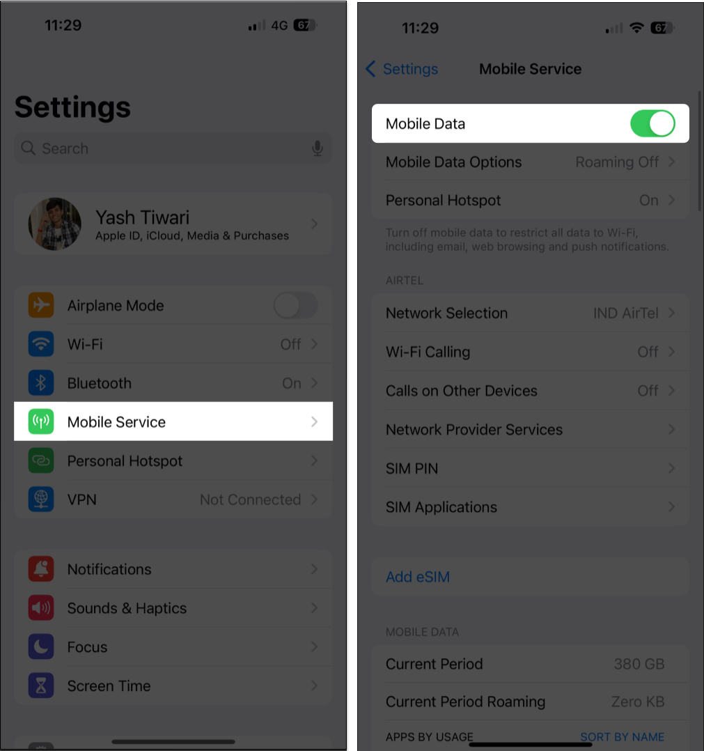 Toggle on Mobile Data