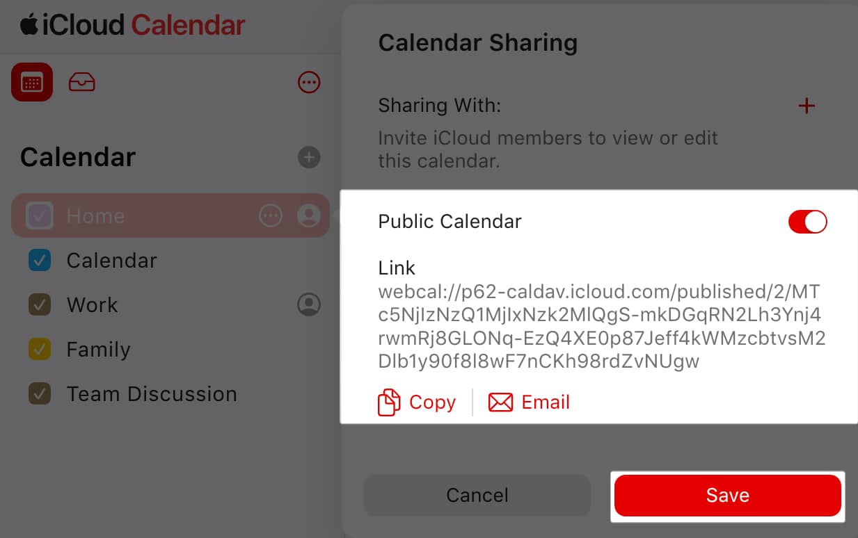 Toggle on Public Calendar, copy link and tap Save