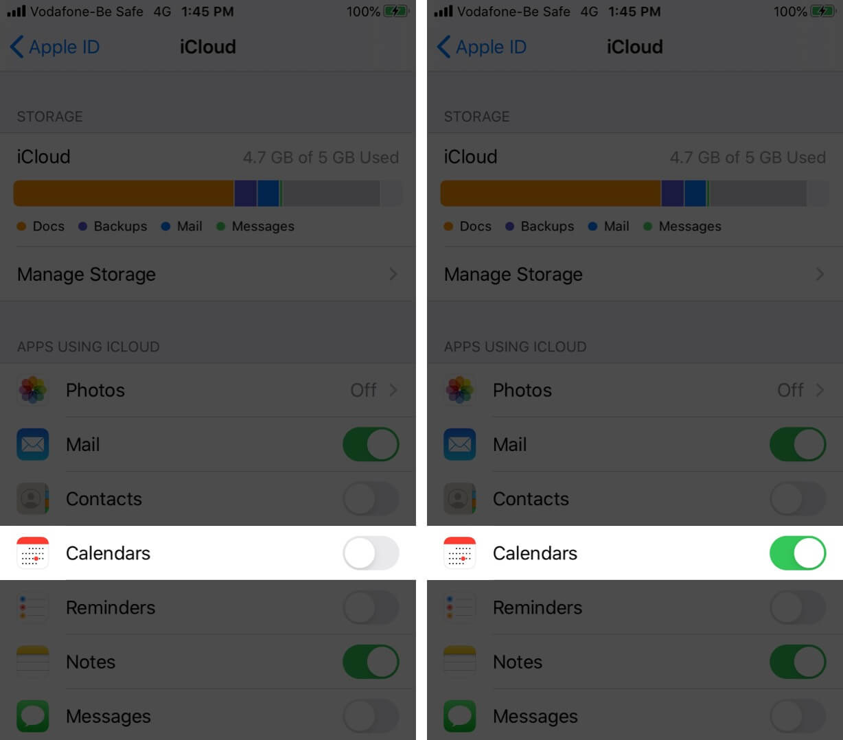 Turn ON Calendar and Sync with iCloud on iPhone