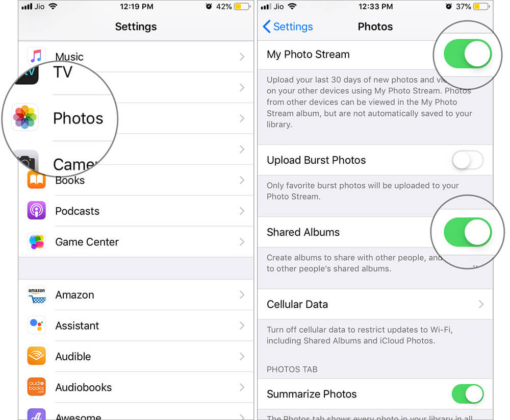 Photo Stream Not Working on iPhone or iPad How to Fix It Turn ON My Photo Stream and Shared Albums in iPhone Settings