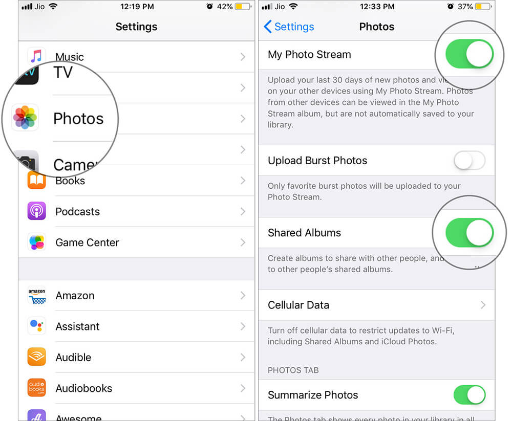 Turn ON My Photo Stream and Shared Albums in iPhone Settings