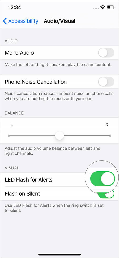 Turn ON toggle for LED Flash Alerts on iPhone
