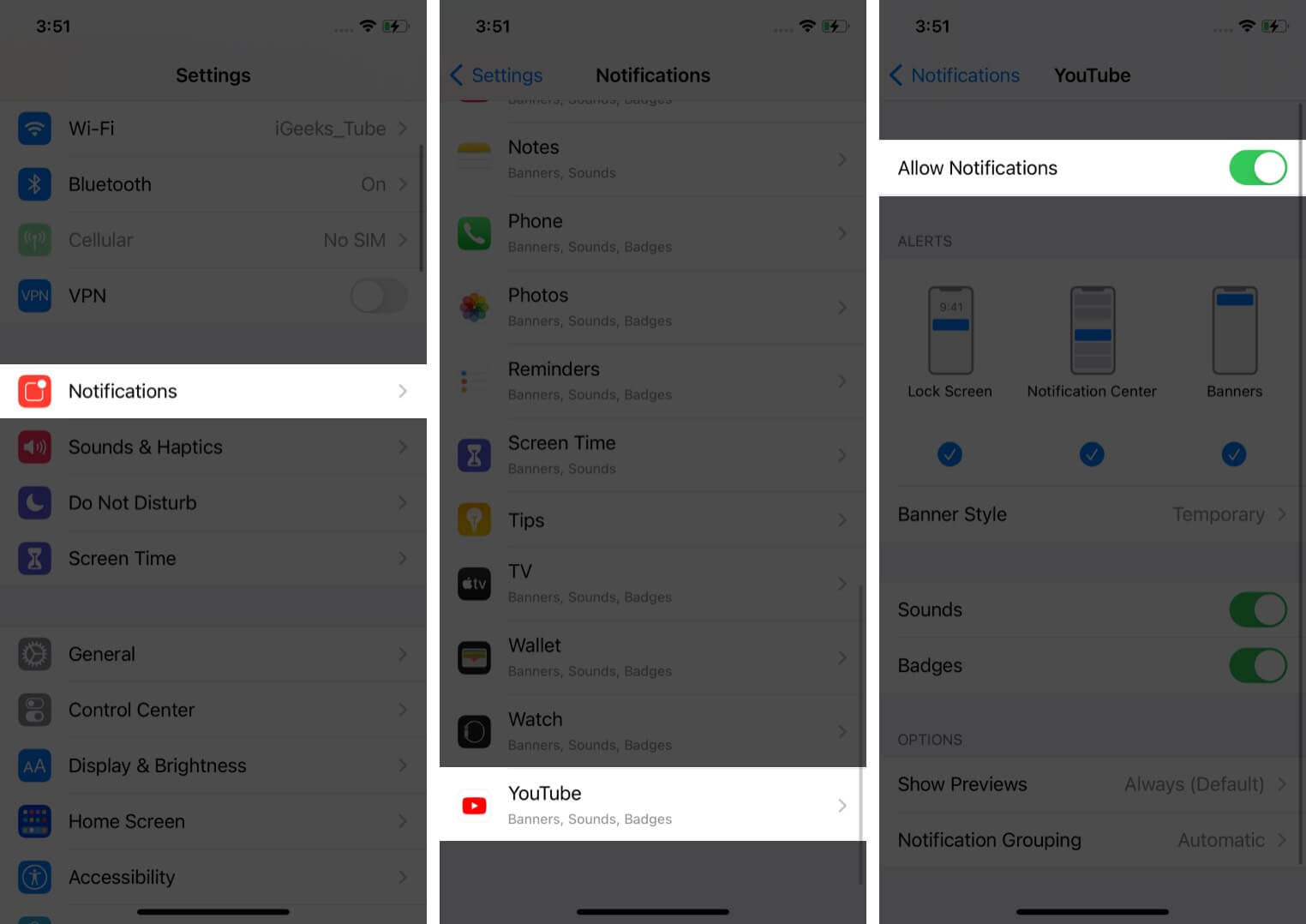 Turn YouTube Notification On or Off through Notifications in iPhone Settings