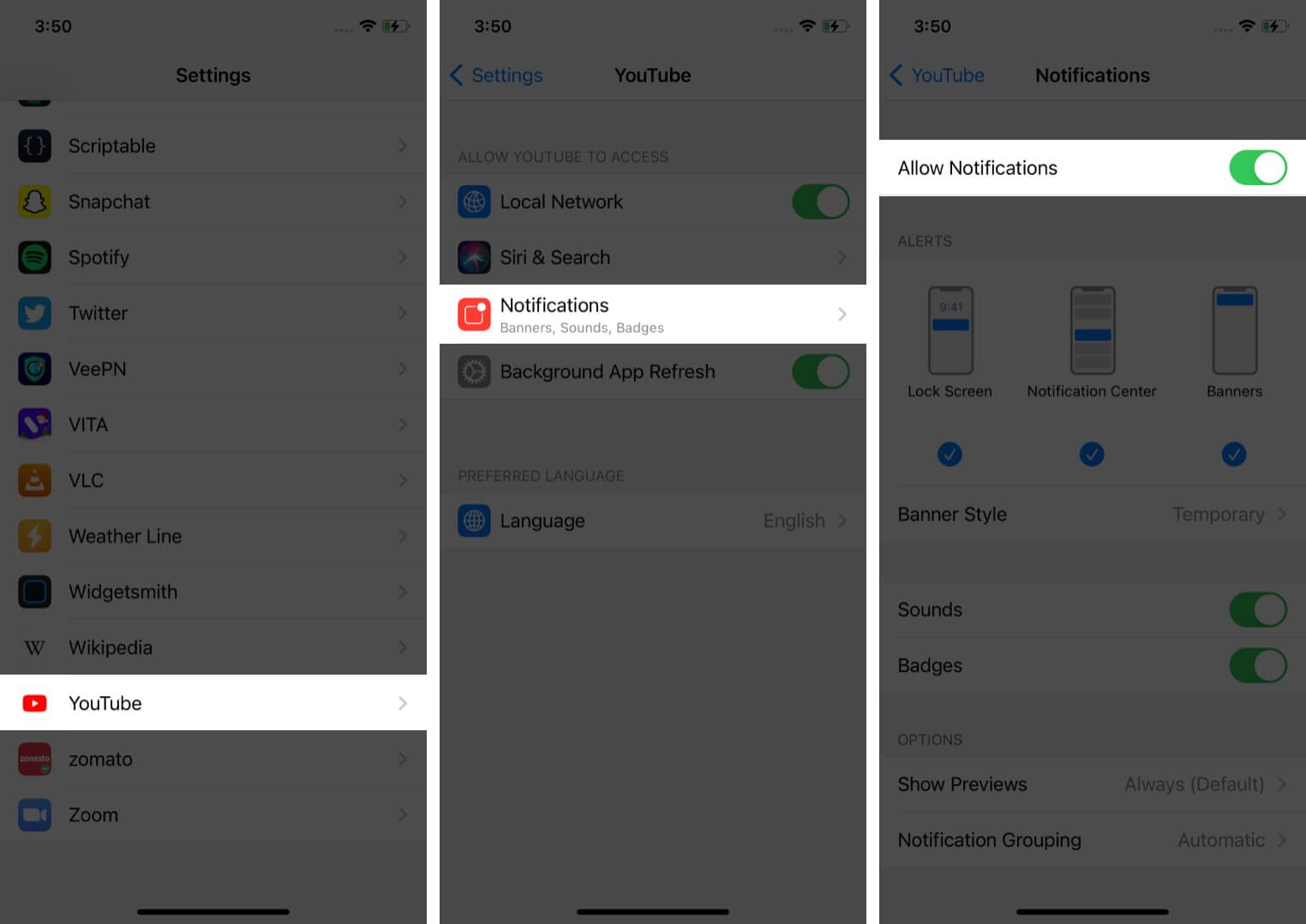 Turn YouTube Notifications On or Off through Youtube in iPhone Settings