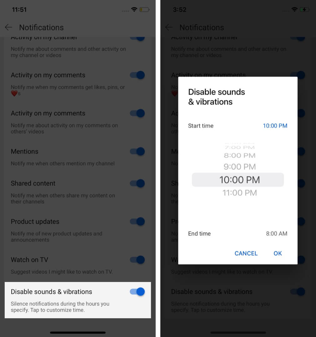 Turn on Disable sounds and Vibrations silent YouTube notifications at your specified time