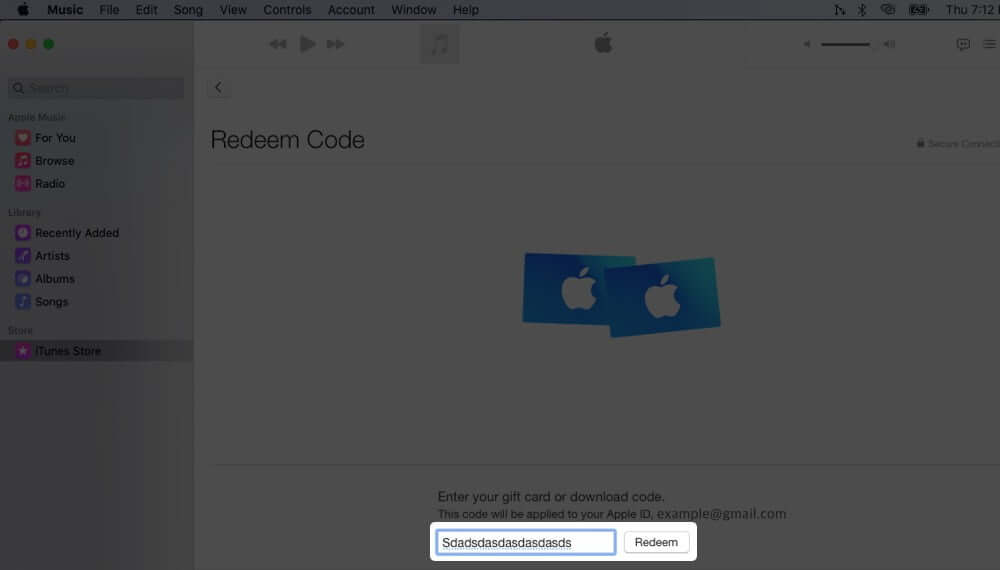 Type Code to Redeem Music App Gift Card on Mac