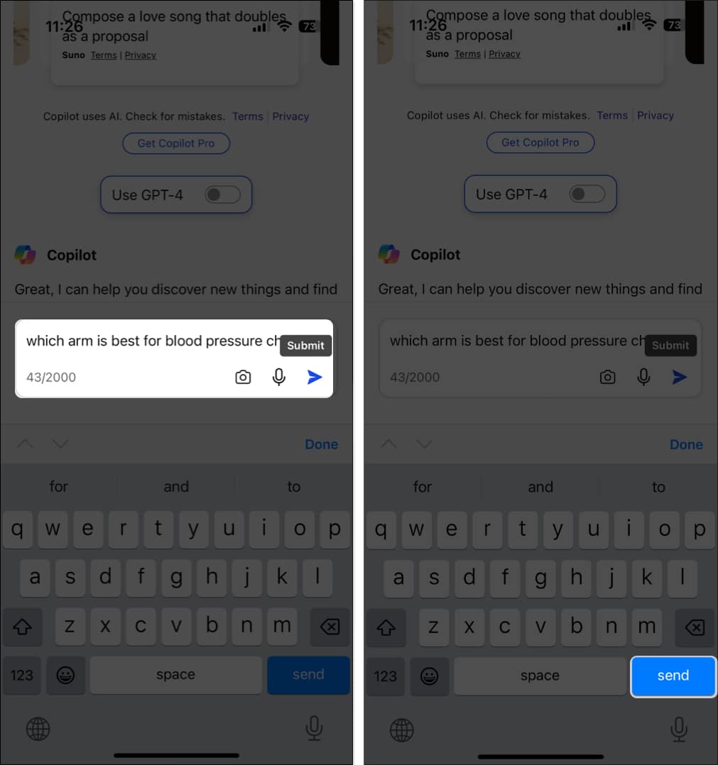 Type the prompt and tap send in copilot app on iPhone