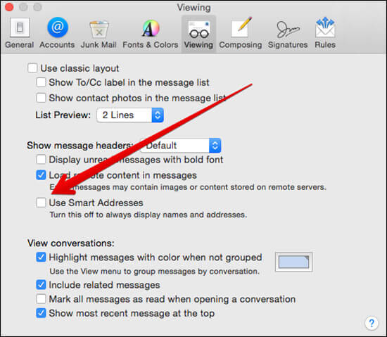 Uncheck Use Smart Addresses Option in Mac Mail App
