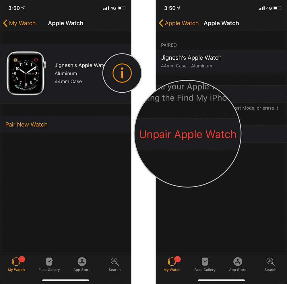 Unpair Apple Watch from iPhone