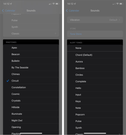 Use a ring tone section to set alert tone in Calendar on iPhone