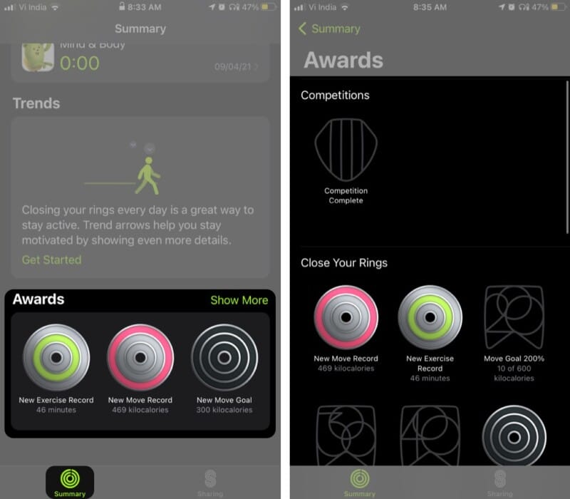 View your activity awards from iPhone