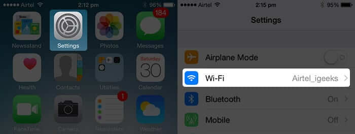 WiFi Settings in iOS 8 on iPhone
