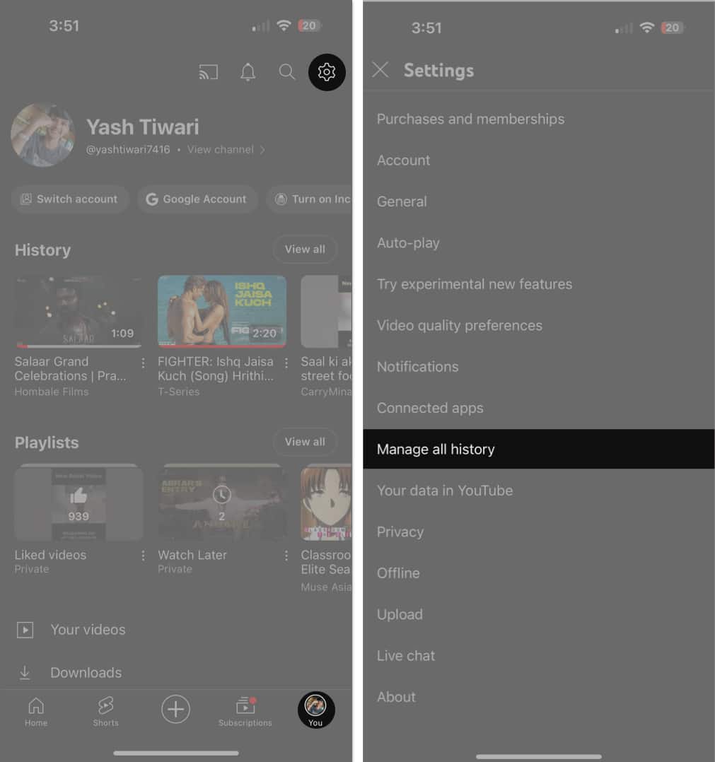 YouTube profile → Settings → Manage all history