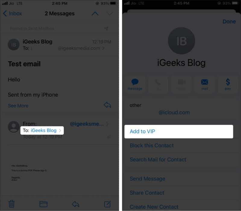 Add contacts to VIP in iPhone Mail app