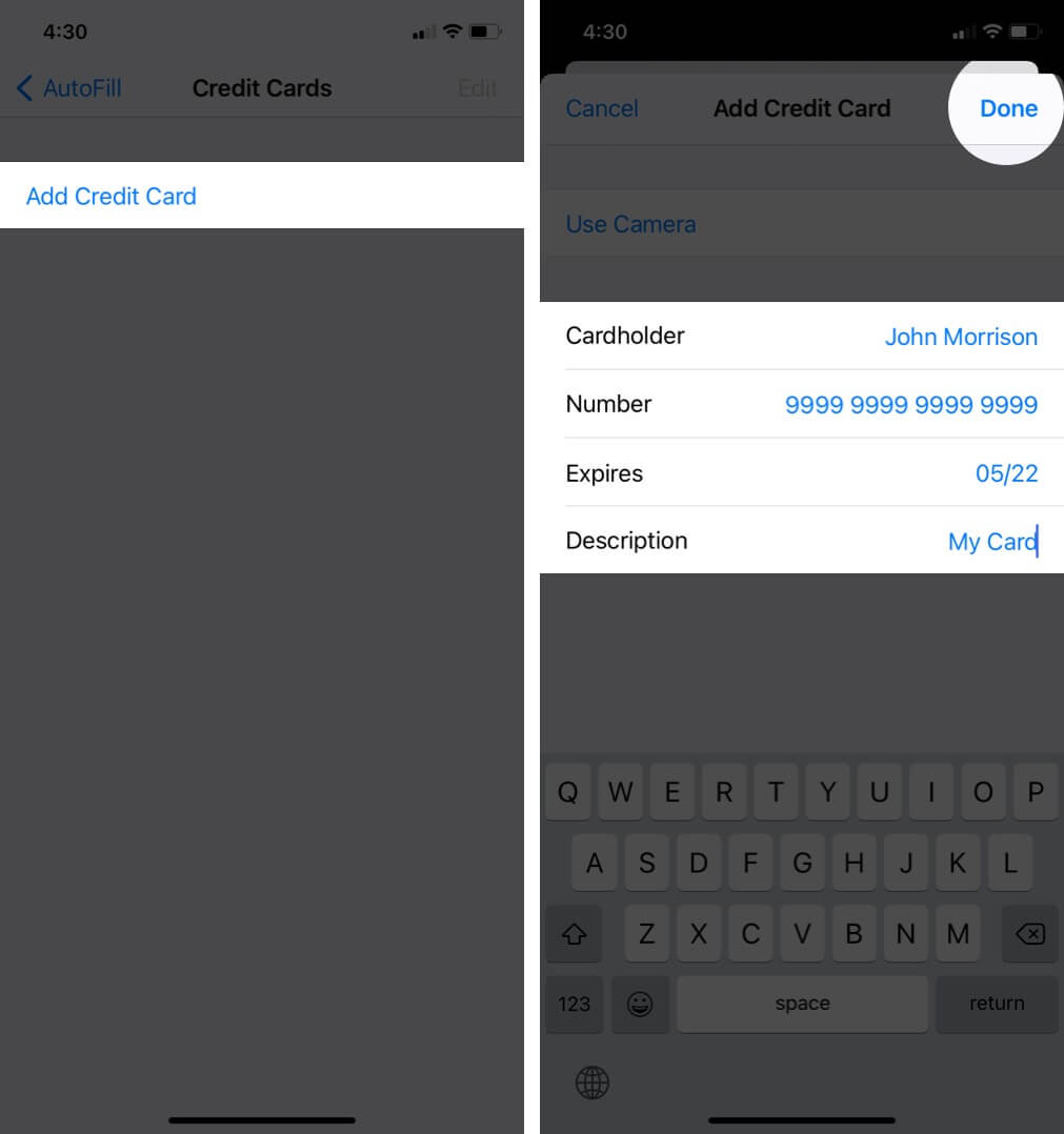 add credit cards to safari autofill on iphone