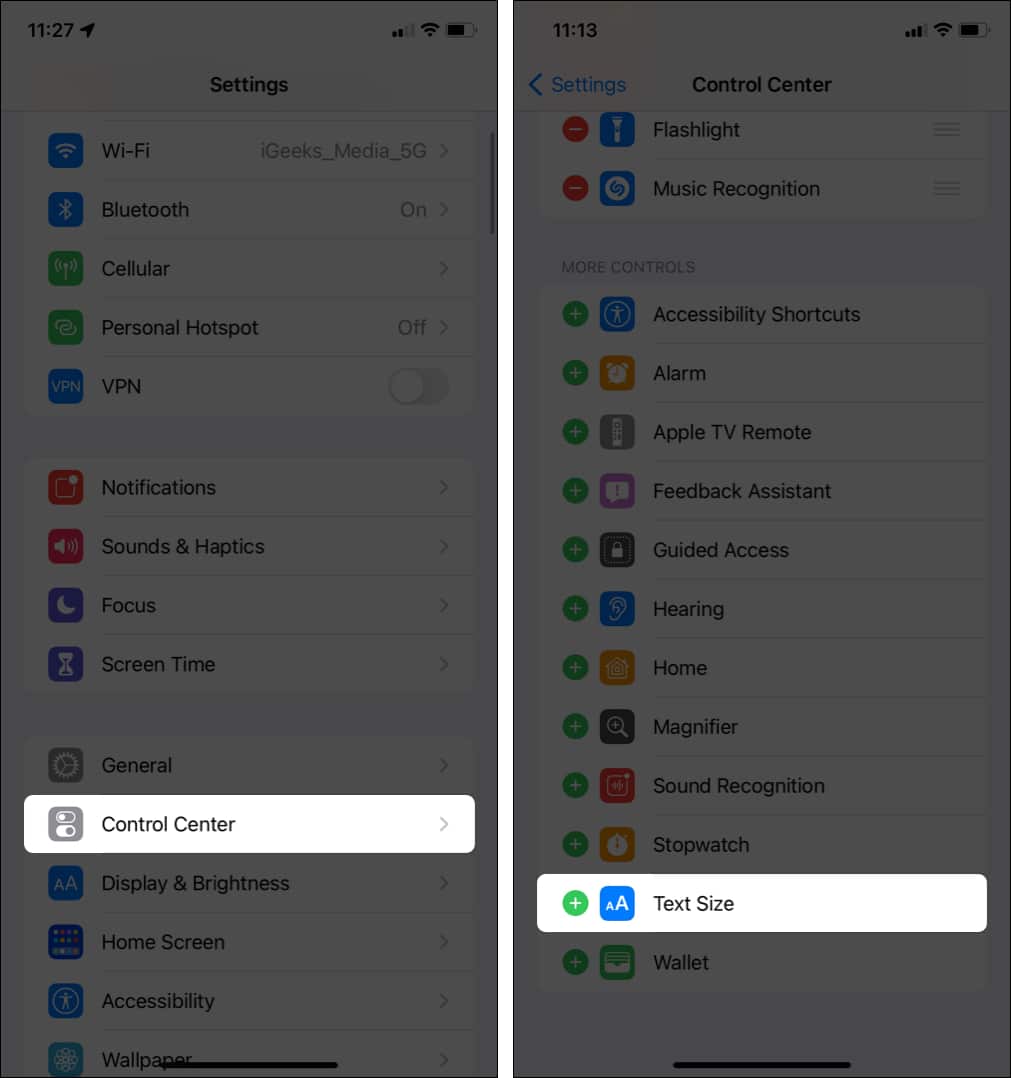 Add Text Size icon to iPhone Control Center in iOS 15