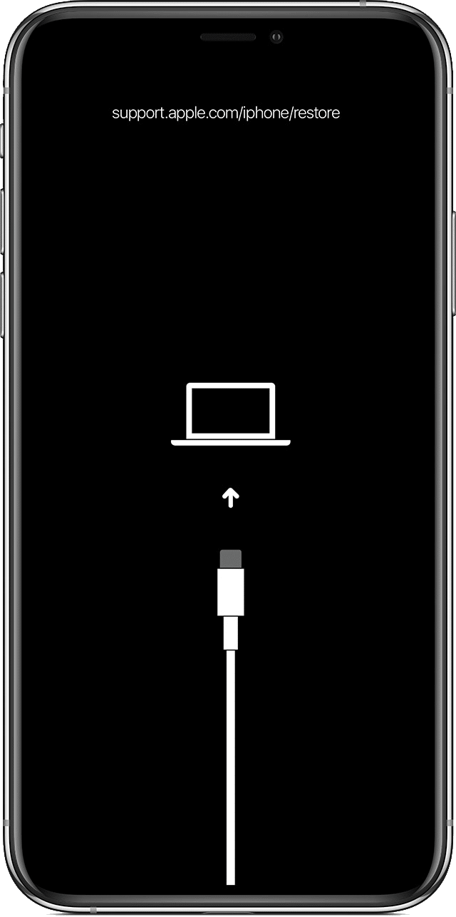 Black iPhone Recovery Mode screen with a cable pointing towards a laptop