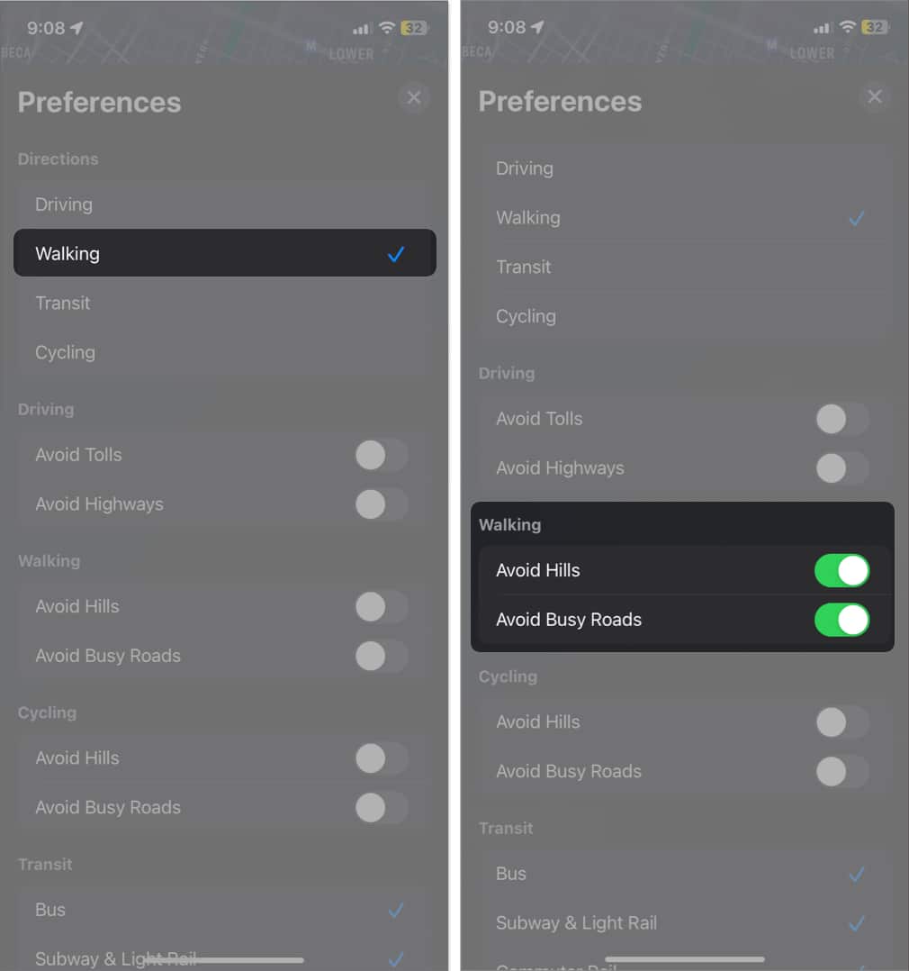 Change default direction type to walking and customize walking settings in apple maps