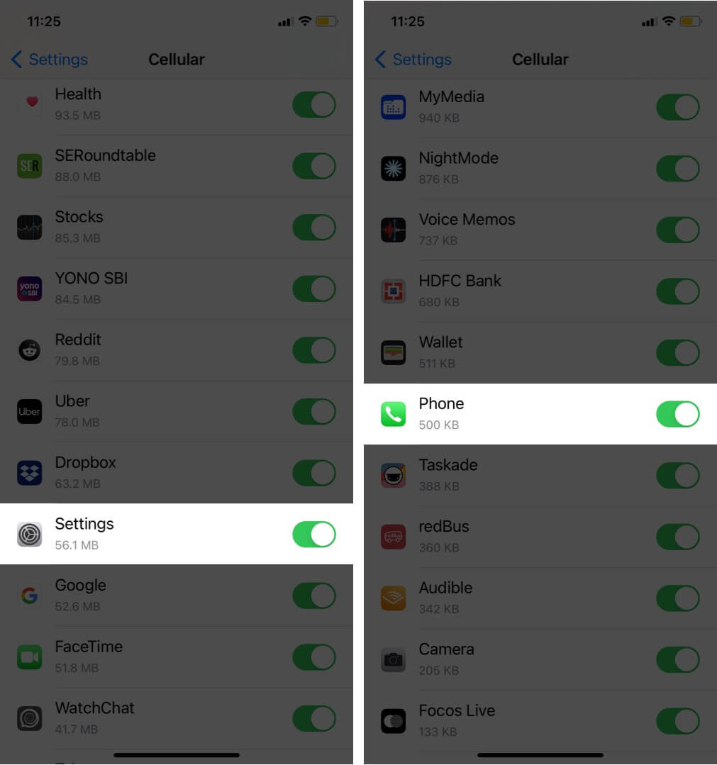 check mobile data is enabled for phone and settings app on iphone