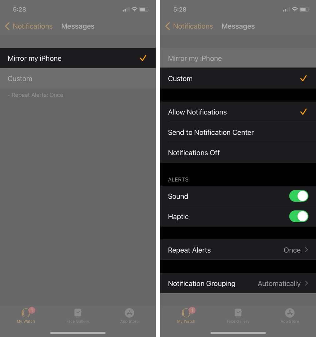 check notifications are enabled for in-built apps in ios watch app