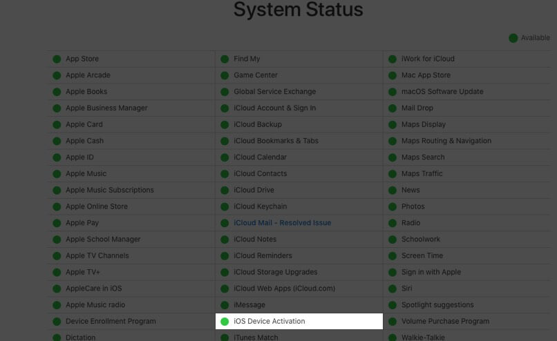check server status for ios device activation on apple website