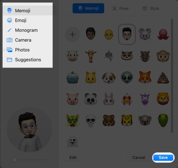 choose memoji, click save in system settings