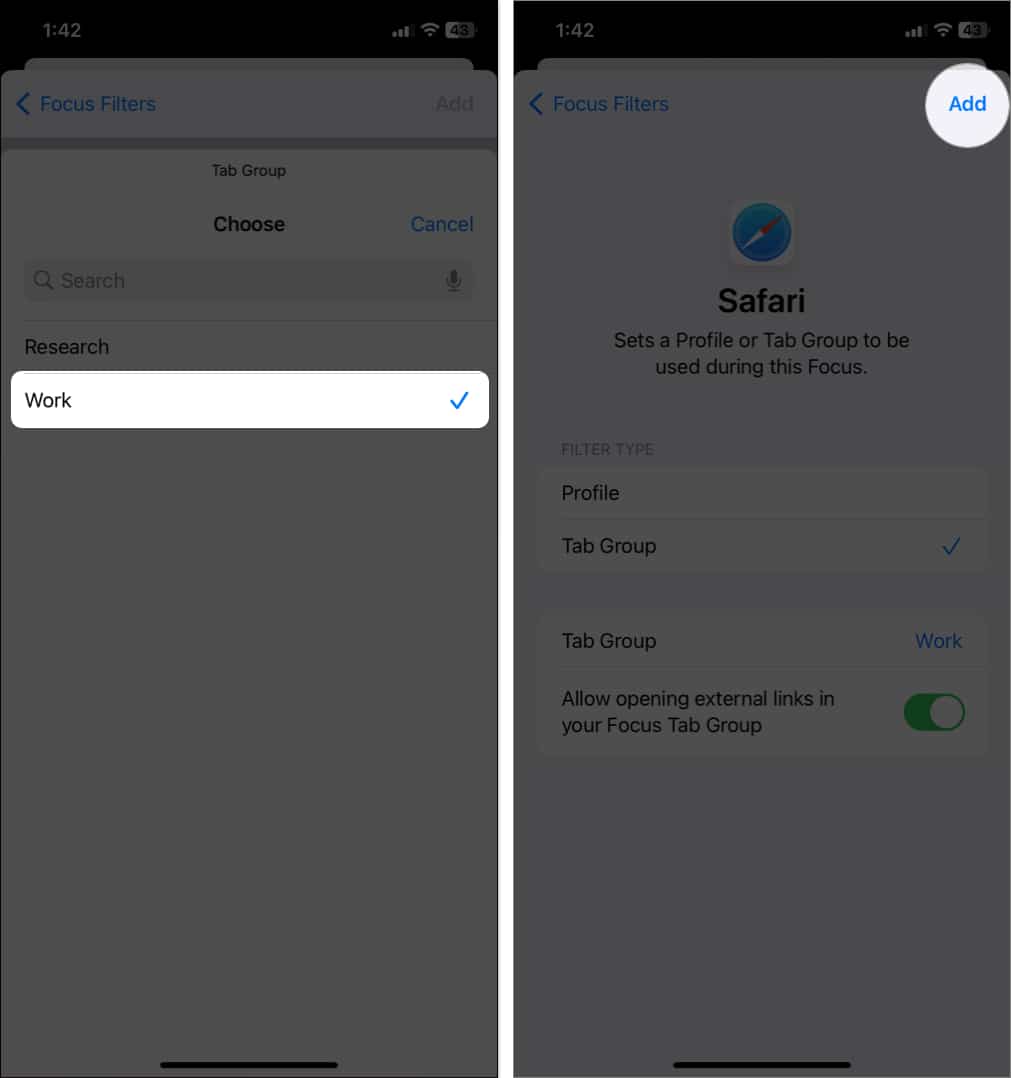 Choose the tab group and tap add in focus filter safari