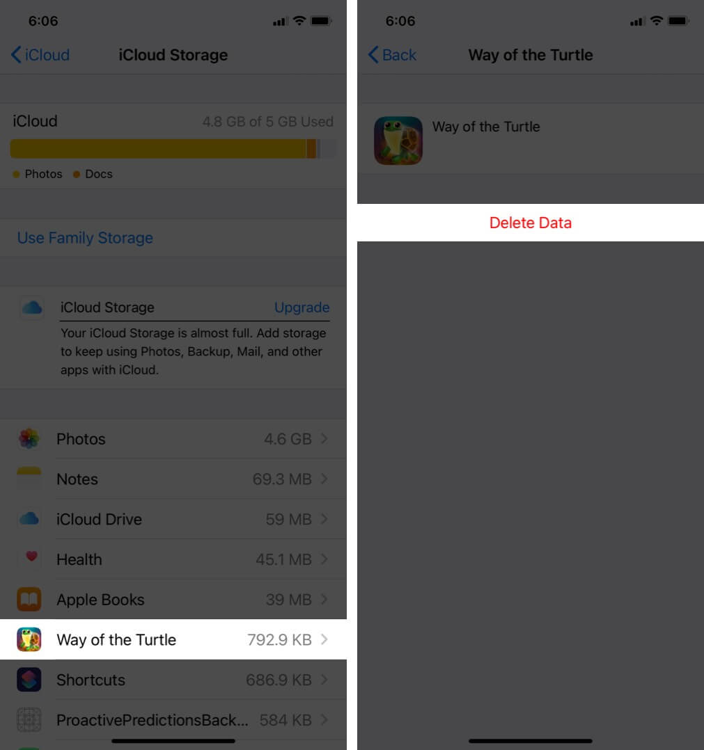 clear documents and data of specific app from icloud on iphone